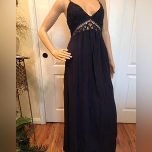 Maxi Dress in Navy Blue with Crocheted Bust and Waist.  Gauze fabric. Medium